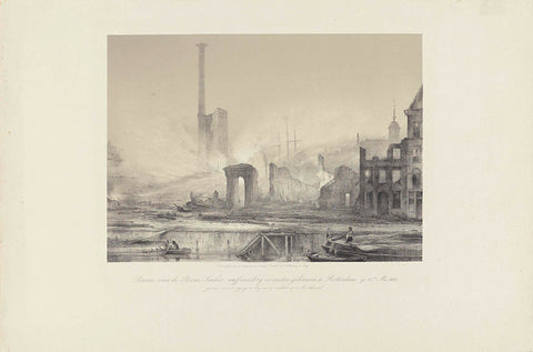 Ruine van de Stoom Suiker refinery and other buildings in Rotterdam, on 13th May 1849, taken for the entrance of the bridge on the other side on the Leuvehaven, Koninklijke Nederlandse Steendrukkerij van C.W. Mieling, 1849 Canvas Print