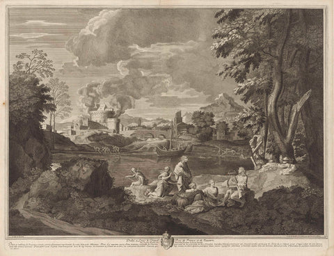 Landscape with music-making Orpheus and Eurydice, bitten by a snake, Etienne Baudet, 1701 Canvas Print