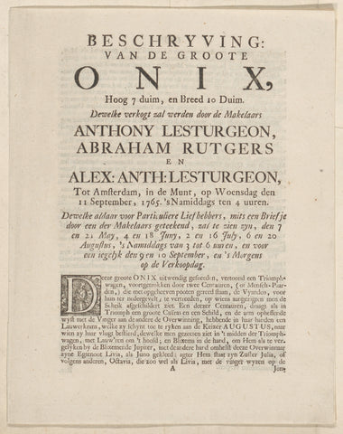 Text sheet accompanying the print of the onyx with a Roman triumphal chariot drawn by two centaurs, anonymous, 1765 Canvas Print