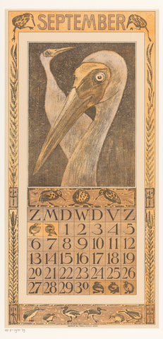 Calendar sheet September with two birds, Theo van Hoytema, 1907 Canvas Print