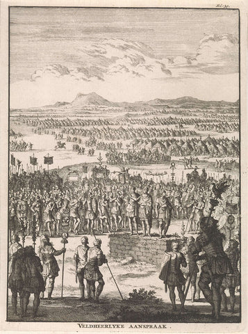 Roman general addresses his men near an encampment, Jan Luyken, 1697 Canvas Print