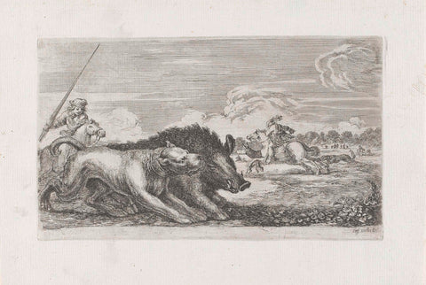 Wild boar hunted by dog and hunter, Stefano della Bella, 1620 - 1664 Canvas Print