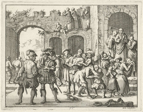 Chained anabaptists in Austria say goodbye to their families, 1540, Jan Luyken, 1685 Canvas Print