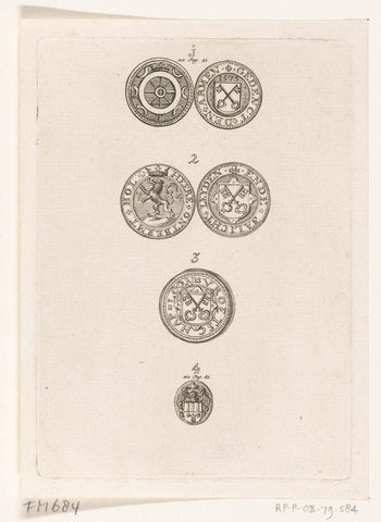 Four emergency coins and tokens from siege of Leiden, 1573-1574, anonymous, 1700 - 1799 Canvas Print