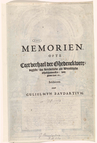 Title page for: Baudartius, Willem. Memoryen ofte Cort verhael der gedenck-weerdichste (...) gheschiedenissen, 1624, Jan Jansz., 1624 Canvas Print