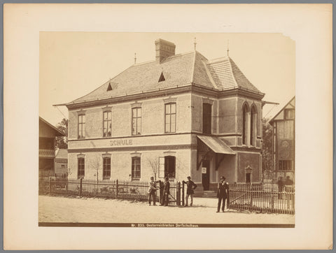 Four men posing in front of an Austrian village school at the 1873 World's Fair in Vienna, Josef Löwy, c. 1873 Canvas Print