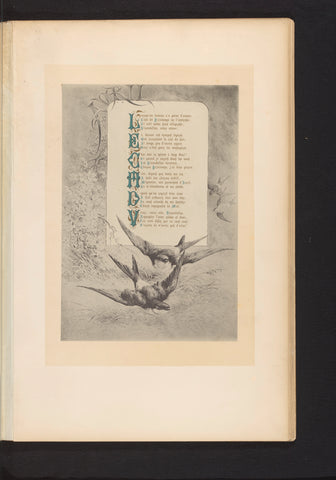 Reproductie van een prent van vier vliegende vogels en een tak met bloesem, met het gedicht Avril van François Coppée, door Hector Giacomelli, Paul Dalloz, c. 1871 - in or before 1876 Canvas Print