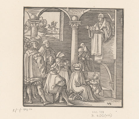 Martin Luther preaching in a church, Hans Brosamer, , 1550 Canvas Print