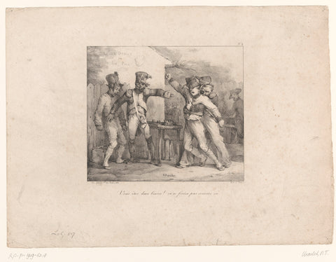 Two old soldiers try to calm a quarrel between two younger soldiers, Nicolas Toussaint Charlet, 1823 Canvas Print