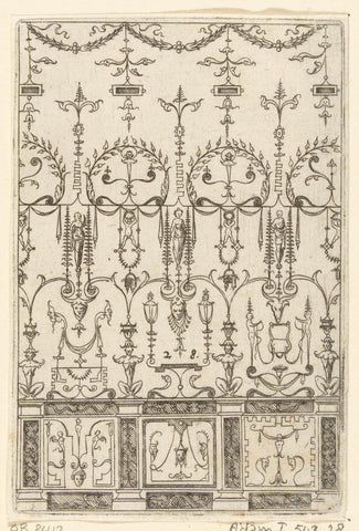 On a frieze, decorated with three square fields with mascarons, sit four crouched satyrs, Hans Sibmacher, c. 1525 - 1594 Canvas Print