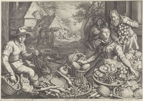 Market Scene and the Rest on the Flight into Egypt, Jacob Matham, 1603 Canvas Print