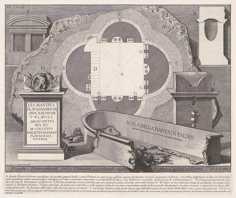 Map and fragments from tomb at Vigna Casali, Giovanni Battista Piranesi, c. 1756 - c. 1757 Canvas Print