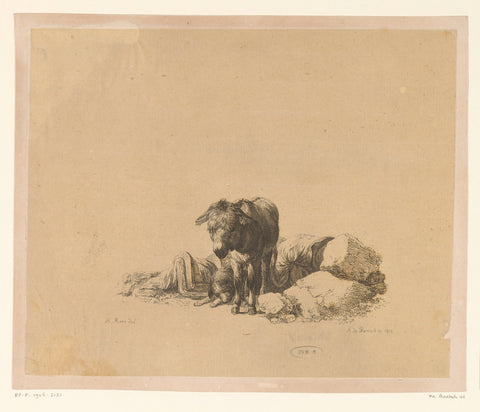 Standing donkey in front of a reclining dog and a sleeping man, Adam von Bartsch, 1815 Canvas Print