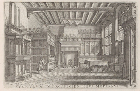 Interior with bed, fireplace and table, Hendrick Hondius (I), 1620 Canvas Print