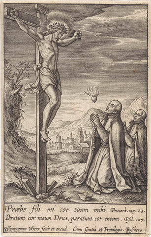 Crucified Christ worshipped by Francis Xavier and Stanislaus Kostka, Hieronymus Wierix, 1563 - before 1619 Canvas Print