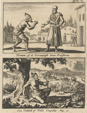 Figure pleading for a priest / Hunter points his bow and arrow at a tiger, Jan Luyken, 1692 Canvas Print