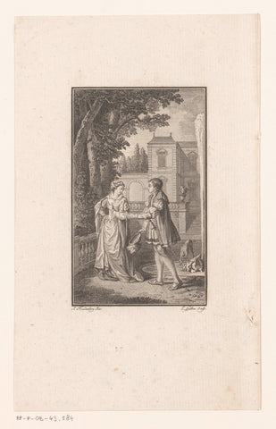 Elegant couple in a garden, Louis Michel Halbou, 1781 - 1782 Canvas Print