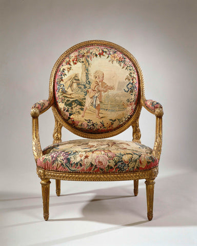 Armchair upholstered in tapestry depicting a boy with birds (porteur d'oiseaux) (back) and a fox with a pheasant (seat), Manufacture Royale des Gobelins, c. 1935 Canvas Print