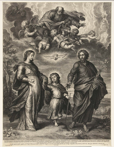 Christ child walks between Mary and Joseph with above them God, Holy Spirit and angels, Schelte Adamsz. Bolswert, 1631 Canvas Print