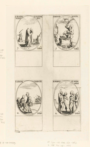 Saint Dionysius of Paris, Saint Eleutherius and Saint Rusticus, Saint Abraham, Saint Gereon of Cologne and companions, Saint Probus and Saint Andronicus (October 9-11), Jacques Callot, 1632 - 1636 Canvas Print