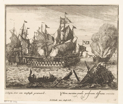 Ships destroyed during a naval battle, plate no. 13, ca. 1700, Sieuwert van der Meulen, 1690 - 1710 Canvas Print