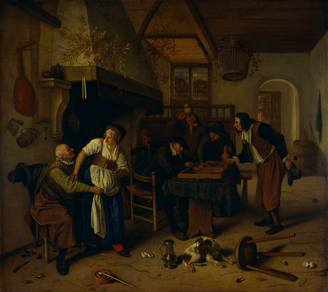 Interior of an inn with an old man amusing himself with the landlady and two men playing backgammon, known as 'Two kinds of games', Jan Havicksz. Steen, 1660 - 1679 Canvas Print