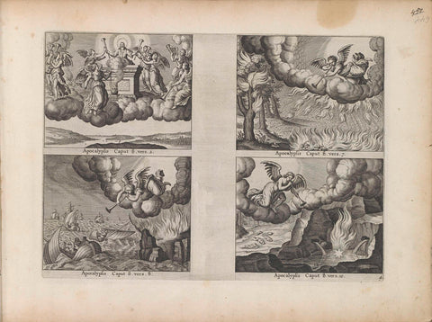 Seven angels get a trumpet / First angel blows on trumpet / Second angel blows on trumpet / Third angel blows on trumpet, anonymous, 1643 Canvas Print