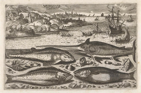 Four fish on the beach, Adriaen Collaert, 1598 - 1620 Canvas Print