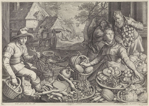 Market Scene and the Rest on the Flight into Egypt, Jacob Matham, 1603 - 1631 Canvas Print