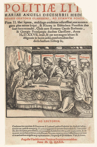 Title print with six scholars sitting around a table and text in letterpress, Hans Burgkmair (I), 1540 Canvas Print