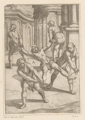 Four men pull limbs of saint, Antonio Tempesta, 1565 - 1630 Canvas Print