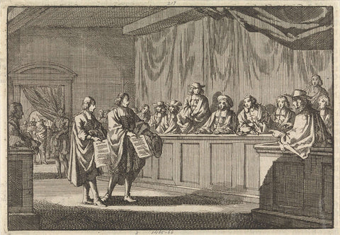 Reformed ministers Gilly and Courdil read a statement at the synod in Sorges that they were moving to the Catholic Church, 3 June 1683, Jan Luyken, 1698 Canvas Print