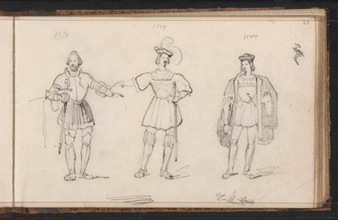 Three men in historical costume from the period 1500-1520, Willem Hendrik Schmidt, 1819 - 1849 Canvas Print