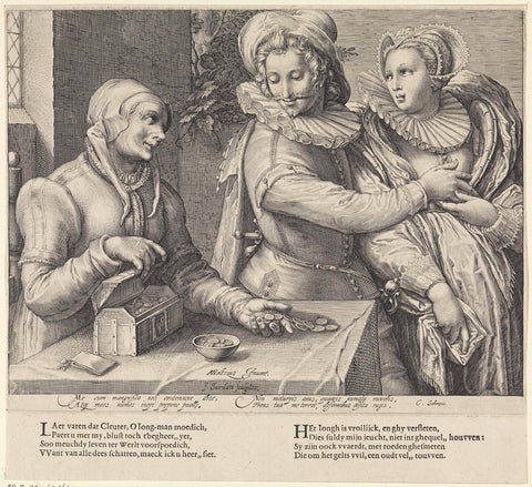 Young couple and an old woman with money chest (Unequal love), Jan Saenredam, 1589 - 1607 Canvas Print