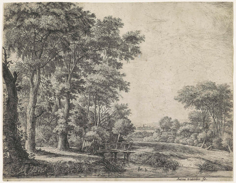 Forest edge with a wooden bridge, Anthonie Waterloo, 1630 - 1663 Canvas Print