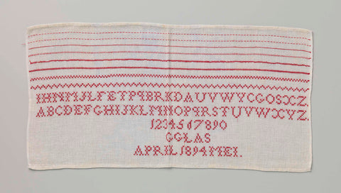 Sampler of linen with a pattern of red letters and numbers, marked: 'G. Glass April 1894 May', G. Glass, c. 1894 Canvas Print