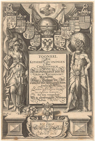 Hercules and Minerva standing on either side of cartouche with title, crowned with coats of arms, globe and trumpets, Willem Jacobsz. Delff, 1615 Canvas Print