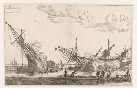 Waterproofing the hulls of three flute ships, Reinier Nooms, 1650 - 1675 Canvas Print