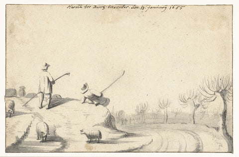 Two shepherds and their herd on a hill, Harmen ter Borch, 1655 Canvas Print