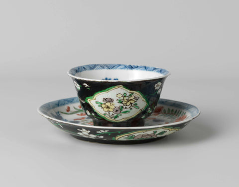 Cup and saucer with flower sprays in panels on a black ground, anonymous, c. 1700 - c. 1724 Canvas Print