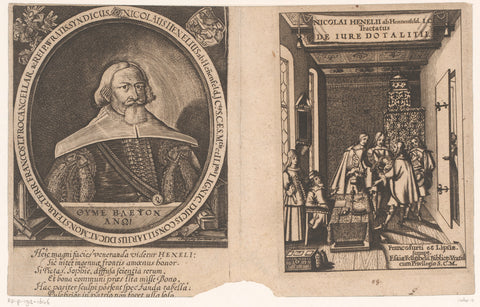 Portrait of Nikolaus Henel von Hennenfeld and a depiction of four men at a notary, Wolfgang Hartmann, 1660 Canvas Print