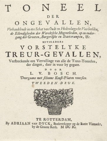 Titelpagina voor: L. van den Bos, Toneel der ongevallen, en bijspel van vorstelycke treurgevallen, 1699, Arnold Houbraken, 1699 Canvas Print