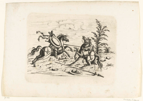 Landscape with a equestrian battle between two putti, Christoph Jamnitzer, 1573 - 1610 Canvas Print