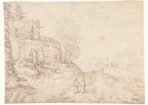 Country road along city wall and monastery, anonymous, 1575 - 1599 Canvas Print