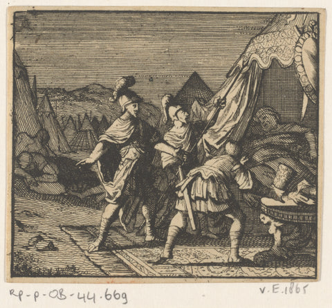 David, accompanied by Abisai and Achimelech, finds Saul sleeping in his tent, Caspar Luyken, 1698 Canvas Print