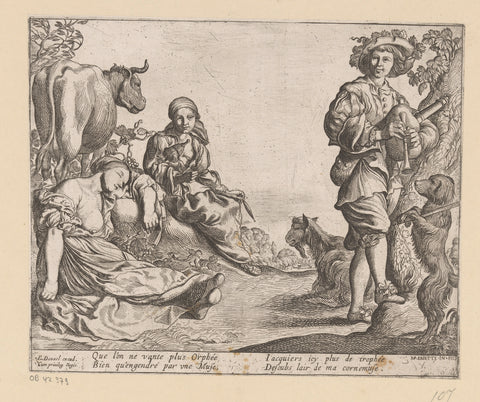 Herder makes dog dance with a sleeping and a purring shepherdess, Pierre Brebiette, 1608 - 1638 Canvas Print