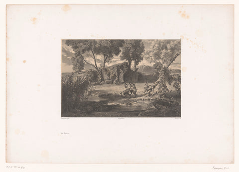 Mountain landscape with three fauns at a brook, François-Louis Français, 1850 - 1851 Canvas Print