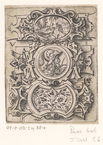 Three cartouches with a landscape, soldier and foliage, Virgil Solis, 1524 - 1562 Canvas Print