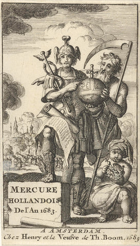 Mercurius and Vader Tijd hold a national apple together, Jan Luyken, 1685 Canvas Print