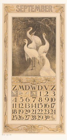 Calendar sheet September with cranes, Theo van Hoytema, 1909 Canvas Print